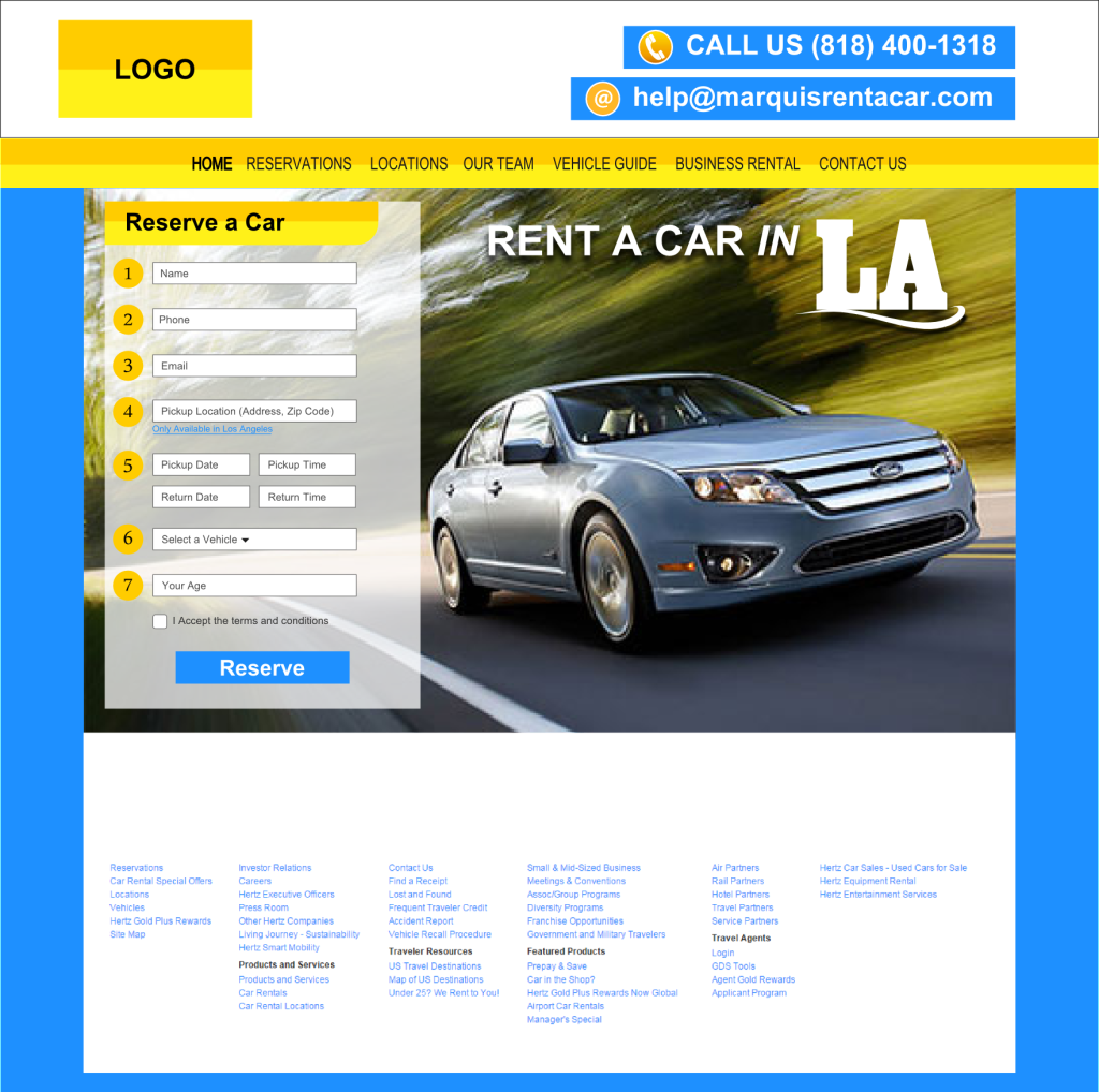 Car rental website design mockup