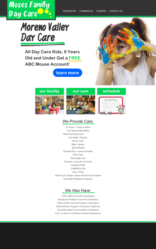 Moses day care web design mockup