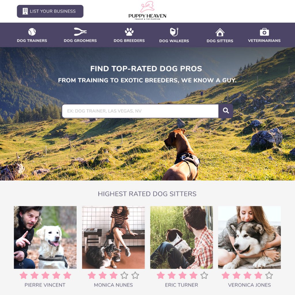 homepage of a website mockup created for puppy heaven by 702 pros digital marketing
