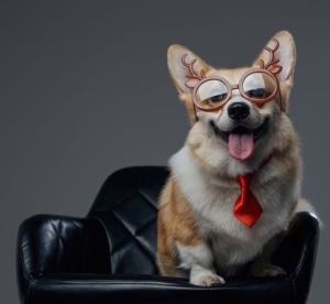 social-media-marketing-happy-dog-with-red-necktie-and-eyeglasses-on-chair